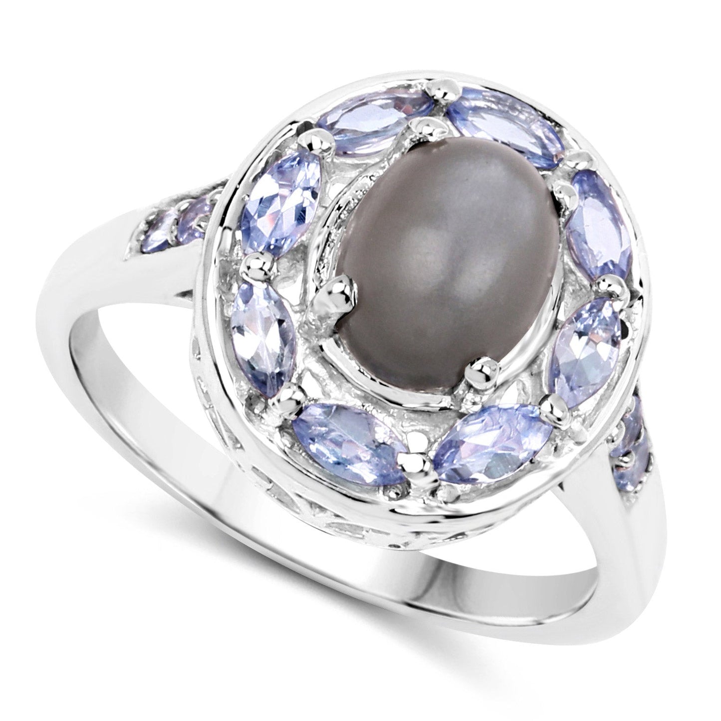 Anillo de Plata Esterlina con Piedra de Luna Gris y Tanzanita de 2.35 Quilates