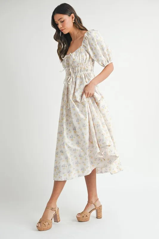 Floral Drawstring Detail Puff Sleeve Midi Dress