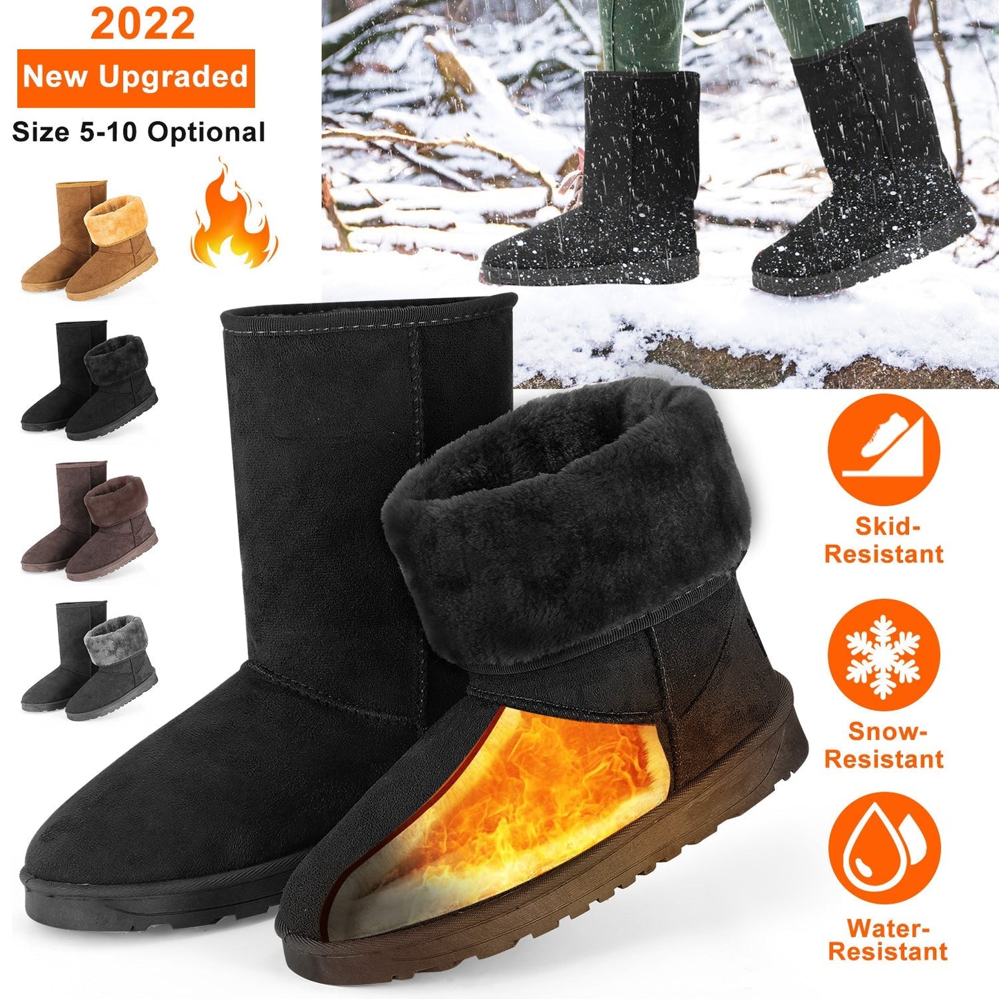 Women's Waterproof Faux Suede Mid-Calf Snow Boots with Fur Lining