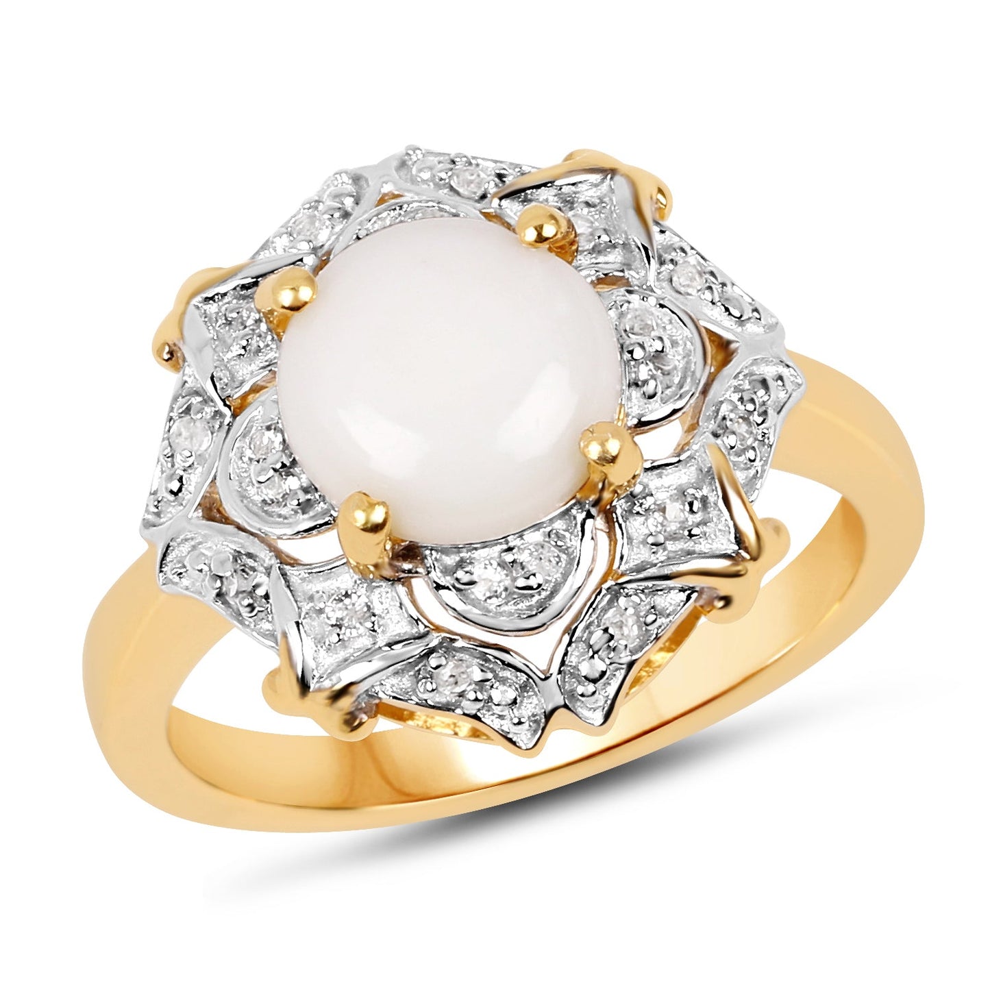 14K Yellow Gold Plated Opal and White Topaz Sterling Silver Ring