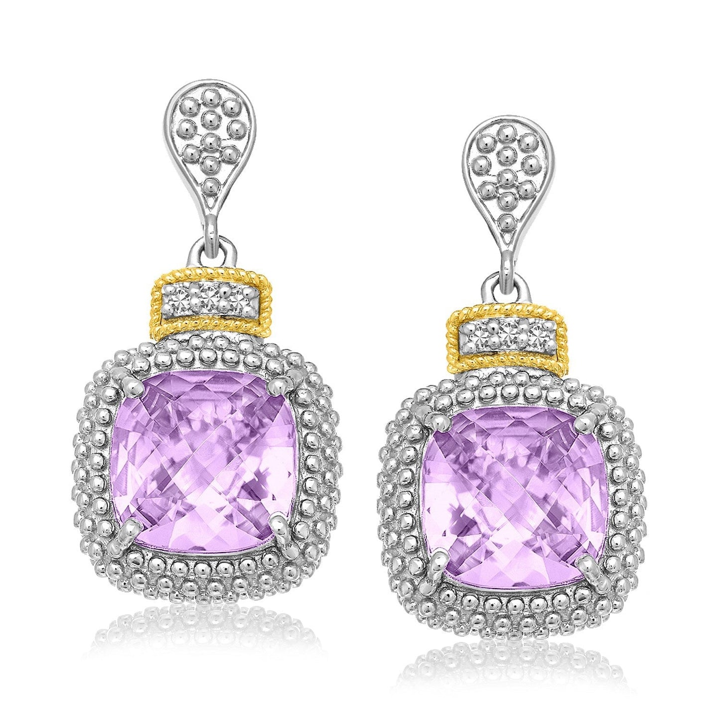 18k Yellow Gold & Sterling Silver Amethyst & Diamond Earrings