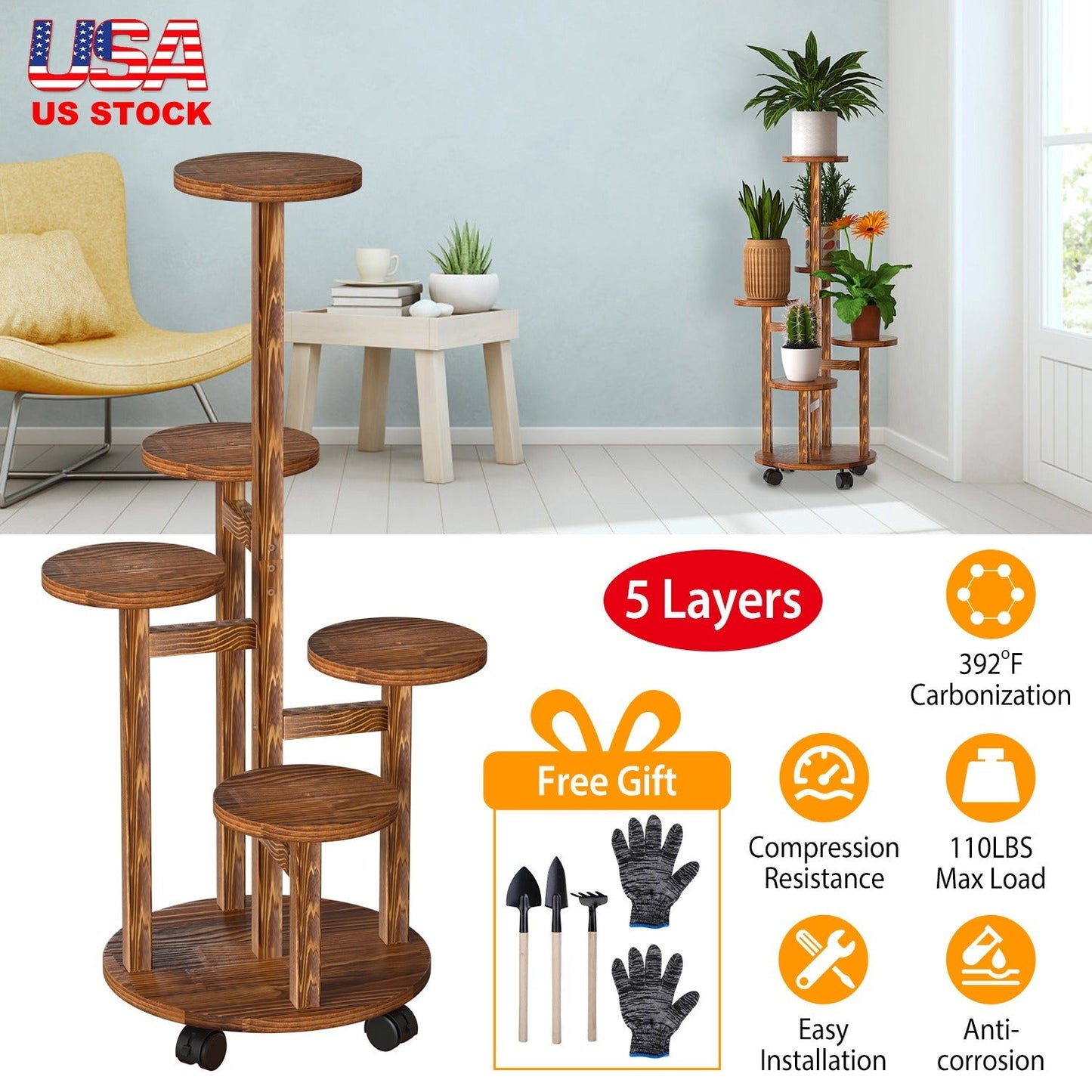 Soporte de Plantas de Madera de 5 Niveles con Ruedas Desmontables