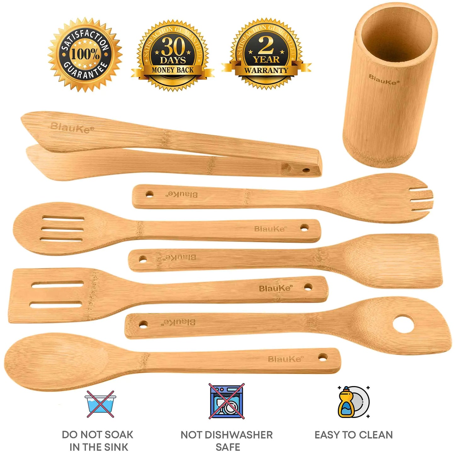 Bamboo Kitchen Utensils Set 8-Pack - Premium Wooden Cooking Tools