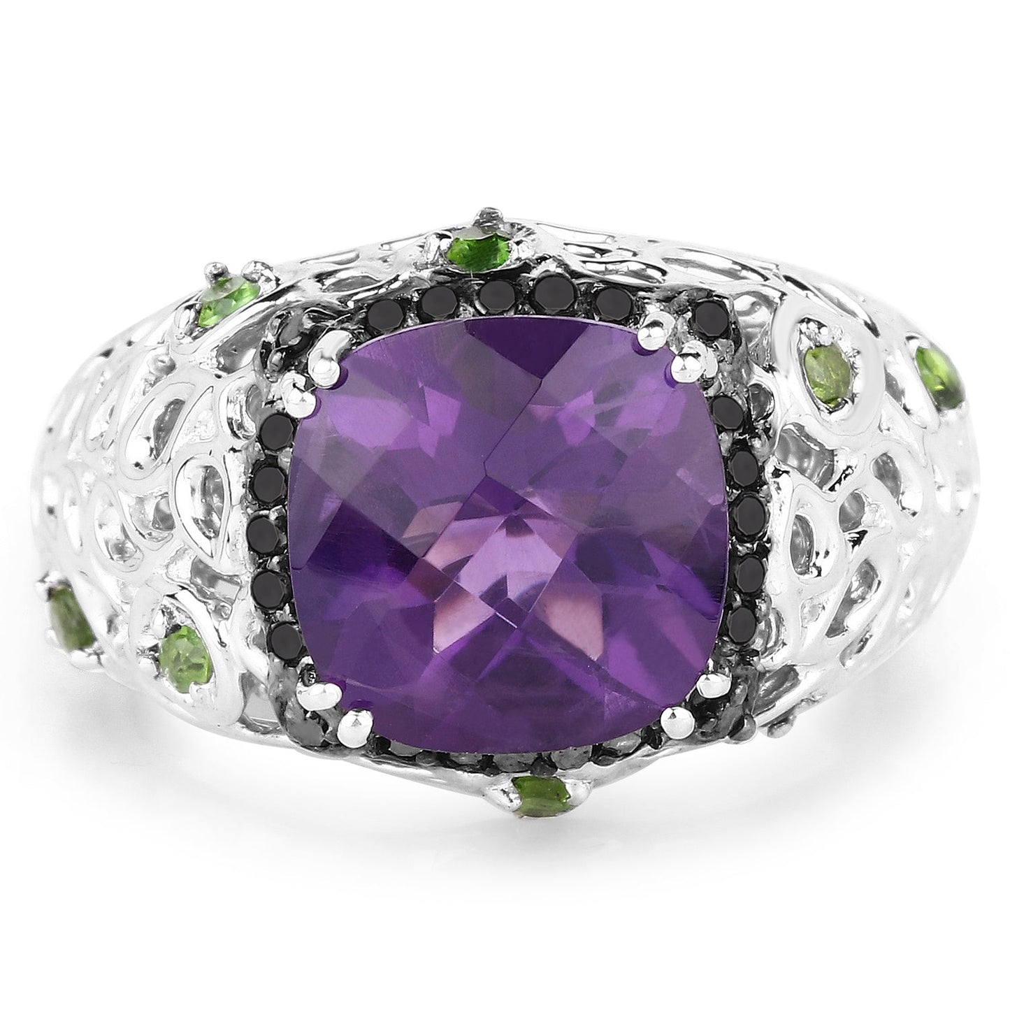3.27 Carat Amethyst, Chrome Diopside & Black Diamond Sterling Silver Ring