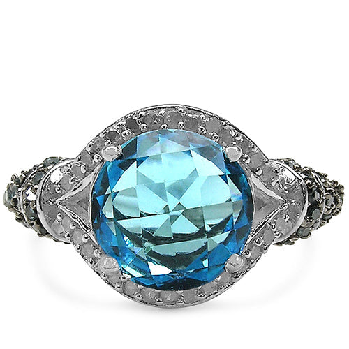 4.96 Carat Blue Topaz & Diamond Sterling Silver Ring