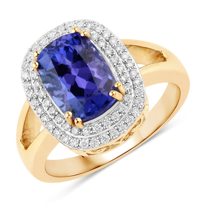 Bague en or jaune 14K avec tanzanite véritable de 3,33 carats et diamants blancs