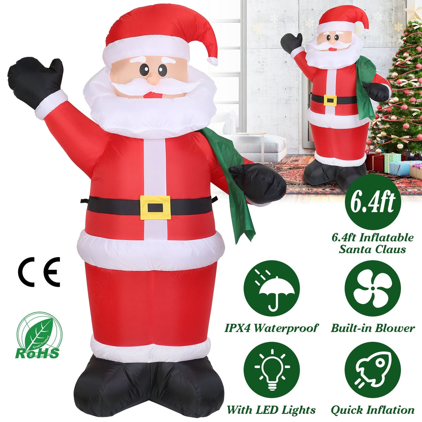 Santas géant gonflable de 1,95 m avec lumières LED