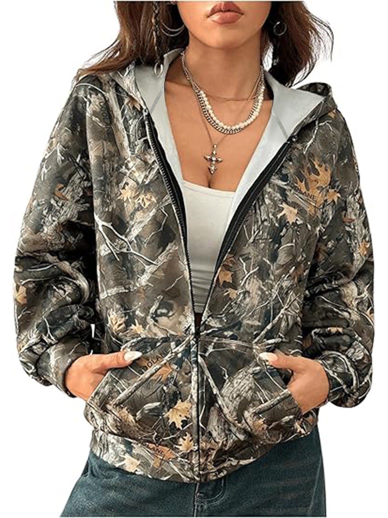 Chaqueta de Manga Larga Suelta de Camuflaje para Mujeres en Otoño