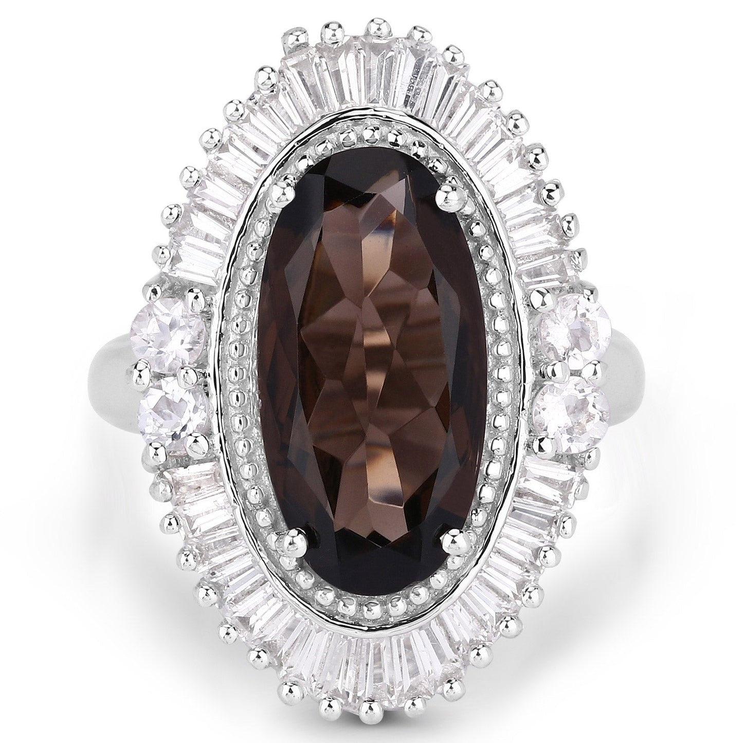 Anillo de Cuarzo Ahumado de 8.12 Quilates y Topacio Blanco en Plata de Ley