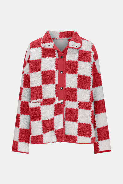 Chaqueta de Teddy de Manga Larga con Botones y Diseño a Cuadros Elegante