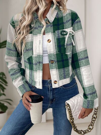 Veste Boutonnée Vert Foncé Chic avec Nœud et Poches