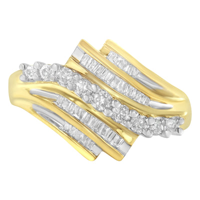 10K Yellow Gold Round and Baguette Diamond-Cut Engagement Ring - Size 7