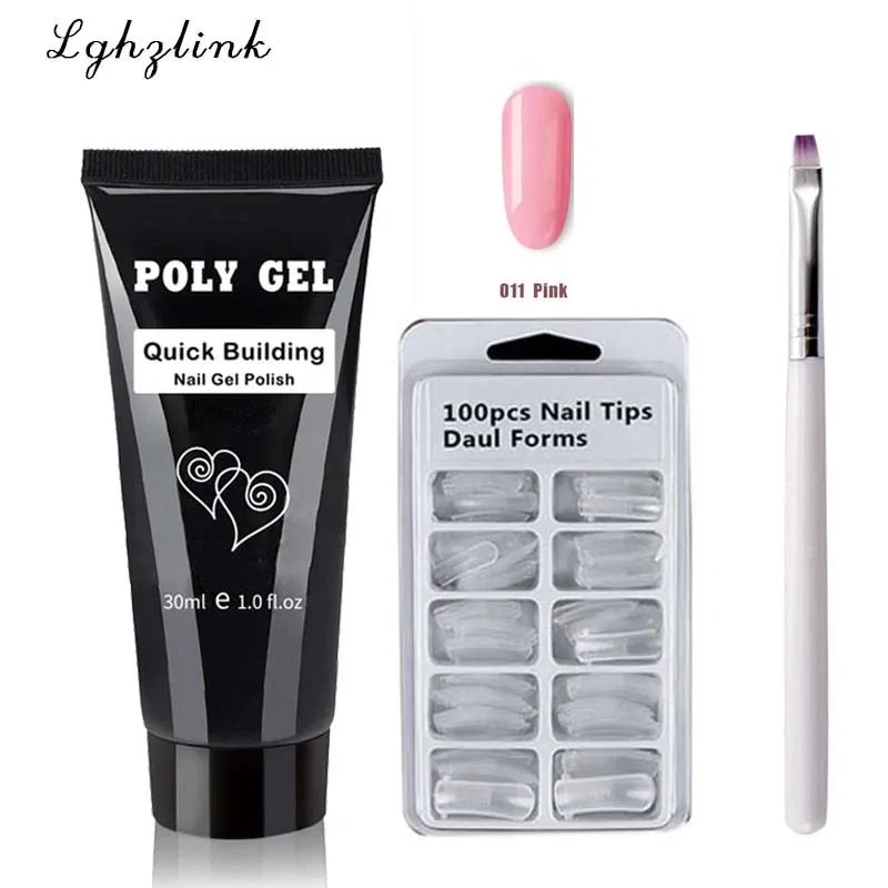 Kit de Poly Gel pour Nail Art Français avec Pinceau UV et Conseils d'Ongles