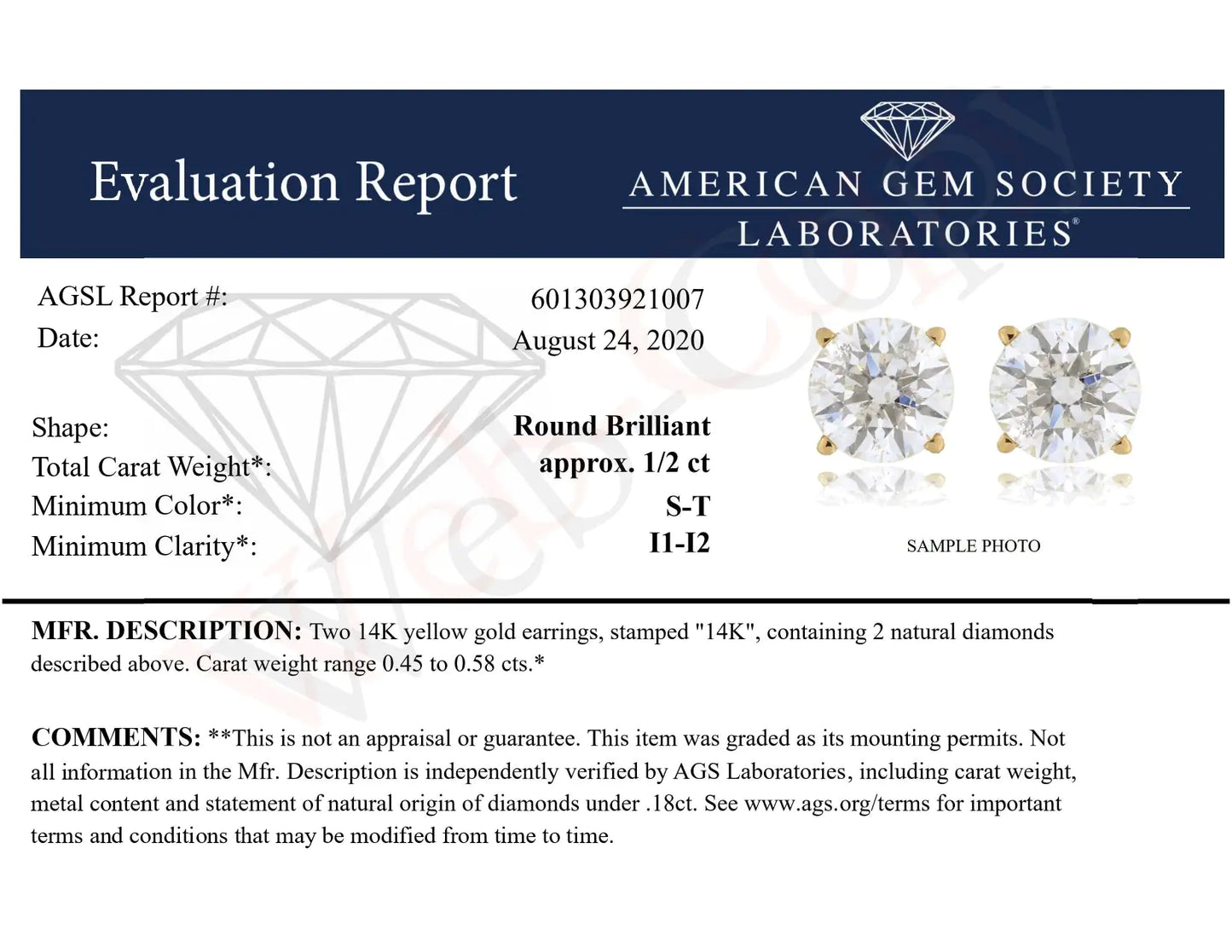 Pendientes de Diamantes de 1/2 cttw en Oro Amarillo de 14K Certificados por AGS