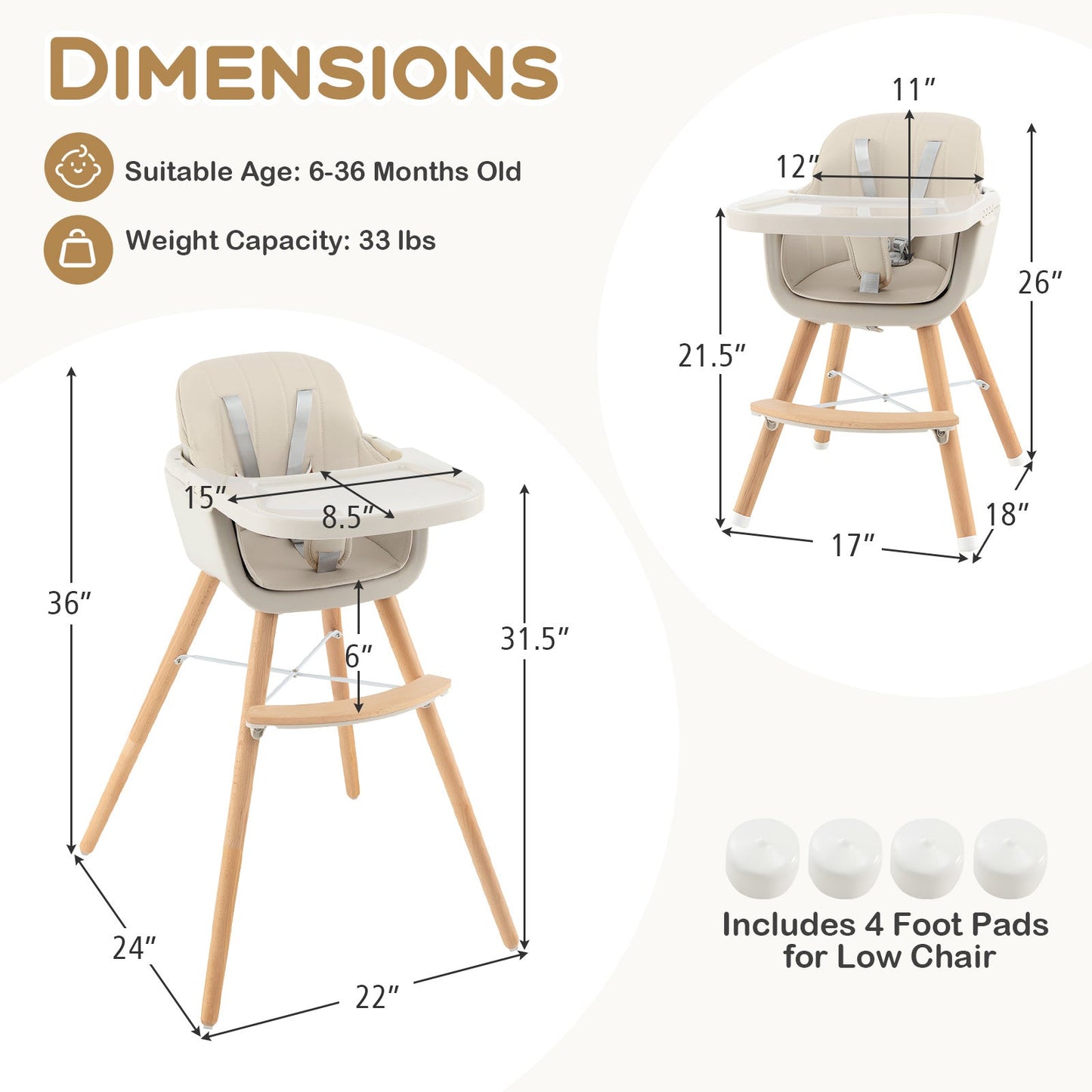 3-in-1 Convertible Wooden High Chair with Cushion - Beige