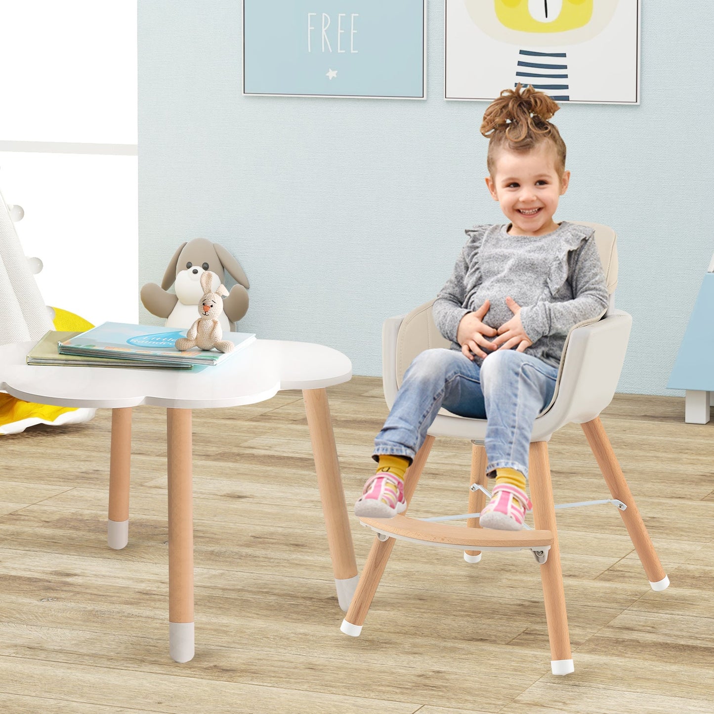 3-in-1 Convertible Wooden High Chair with Cushion - Beige