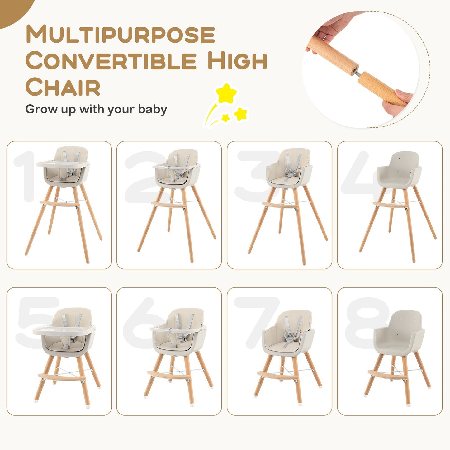3-in-1 Convertible Wooden High Chair with Cushion - Beige