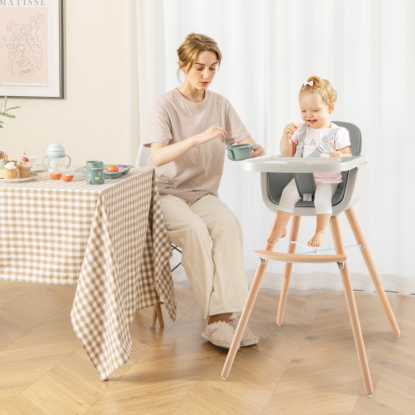 3-in-1 Convertible Wooden High Chair with Gray Cushion