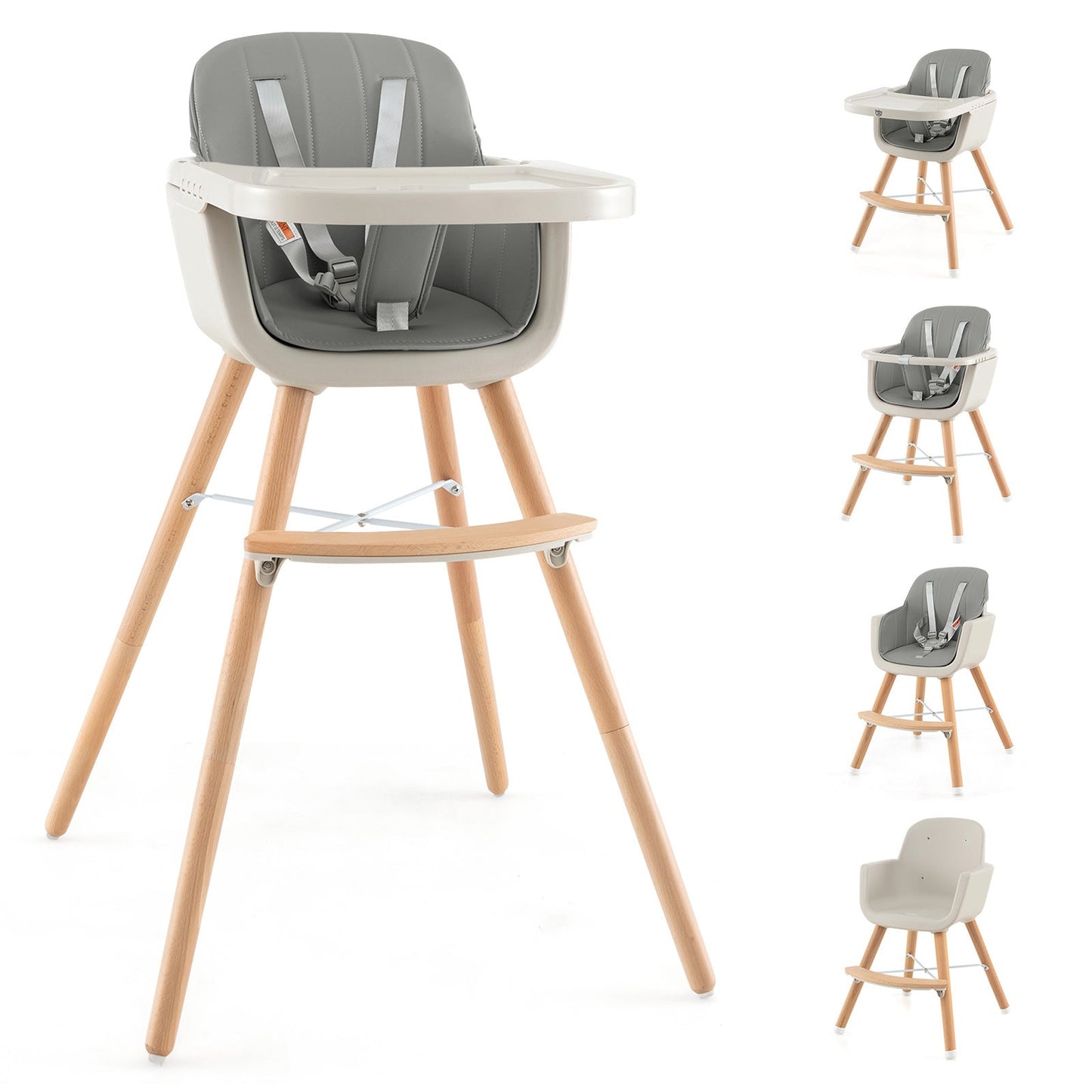 3-in-1 Convertible Wooden High Chair with Gray Cushion