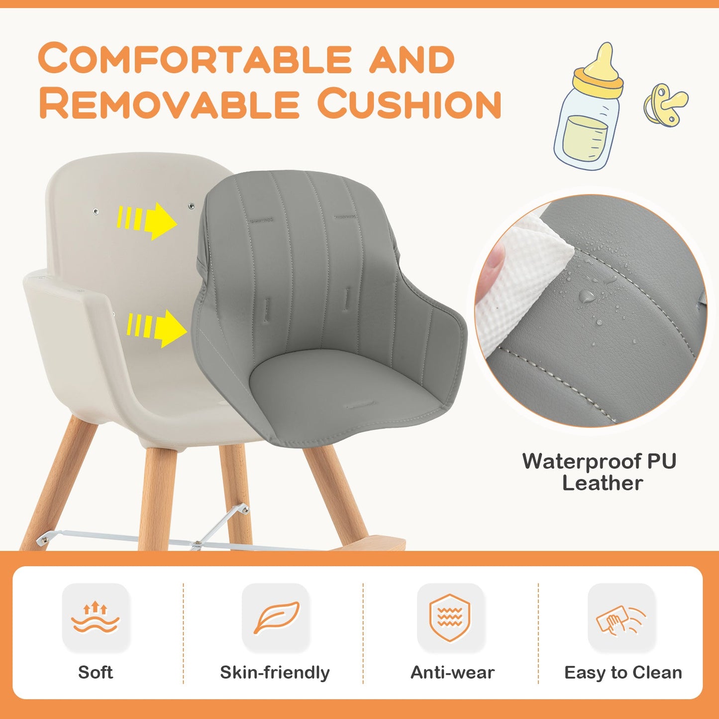 3-in-1 Convertible Wooden High Chair with Gray Cushion