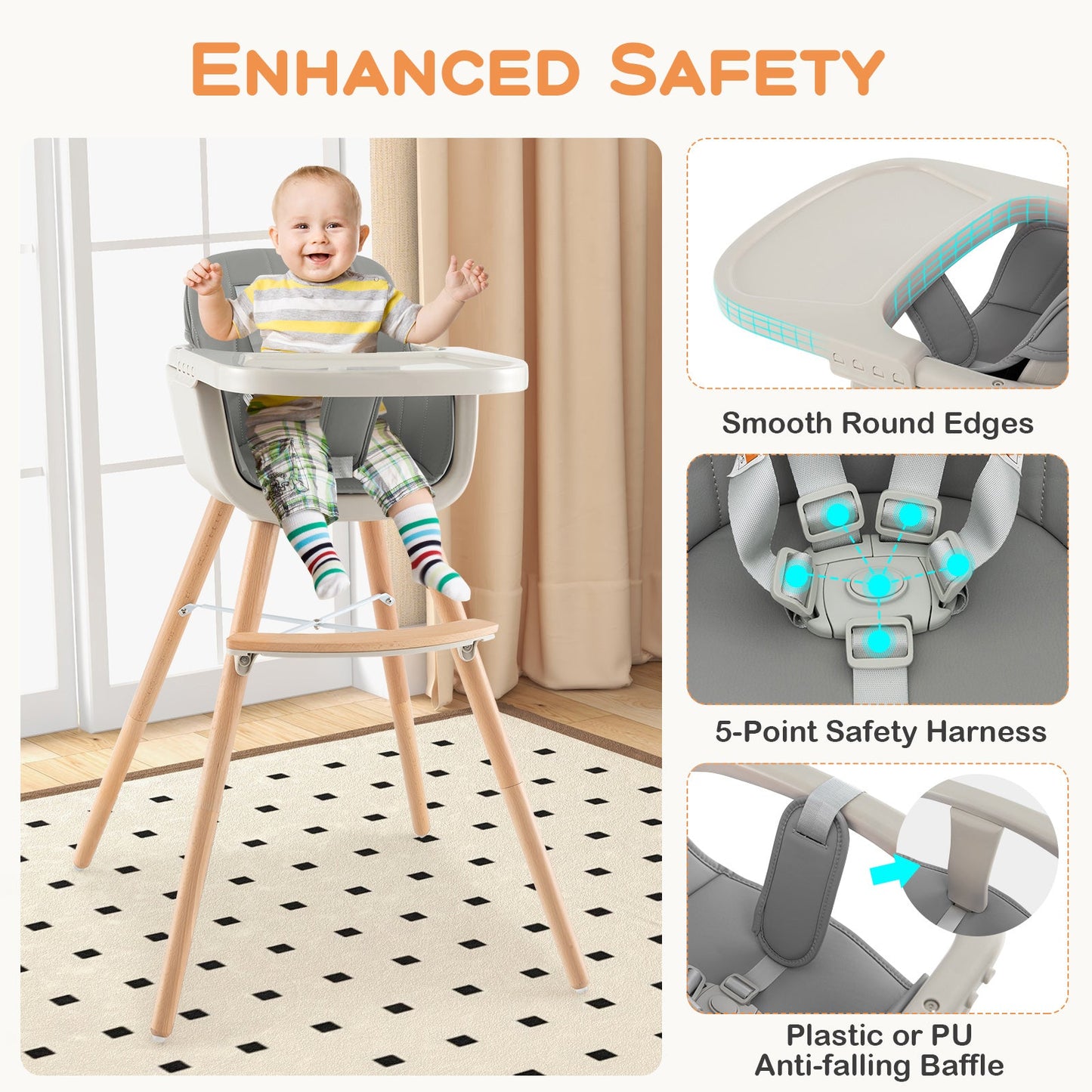 3-in-1 Convertible Wooden High Chair with Gray Cushion