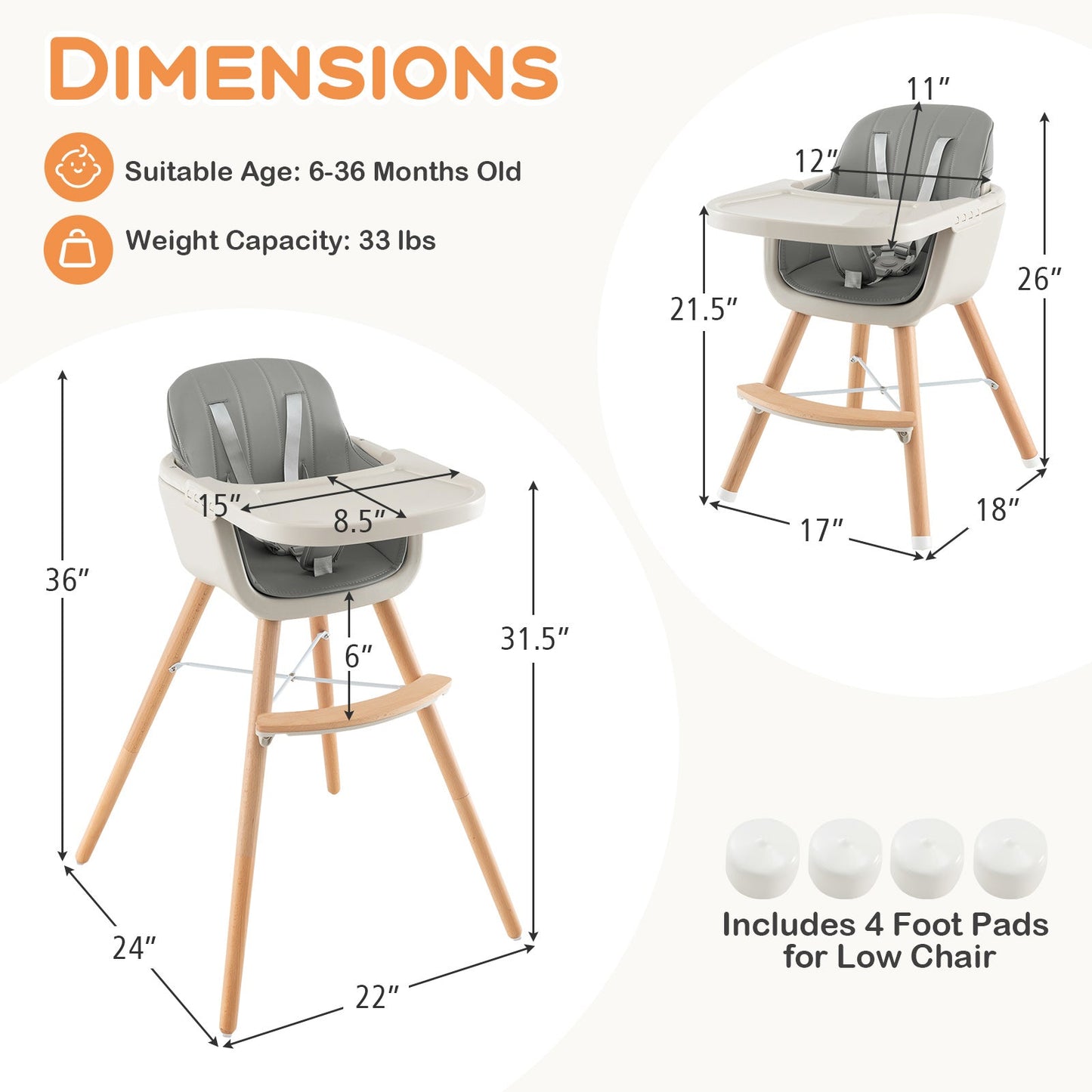 3-in-1 Convertible Wooden High Chair with Gray Cushion