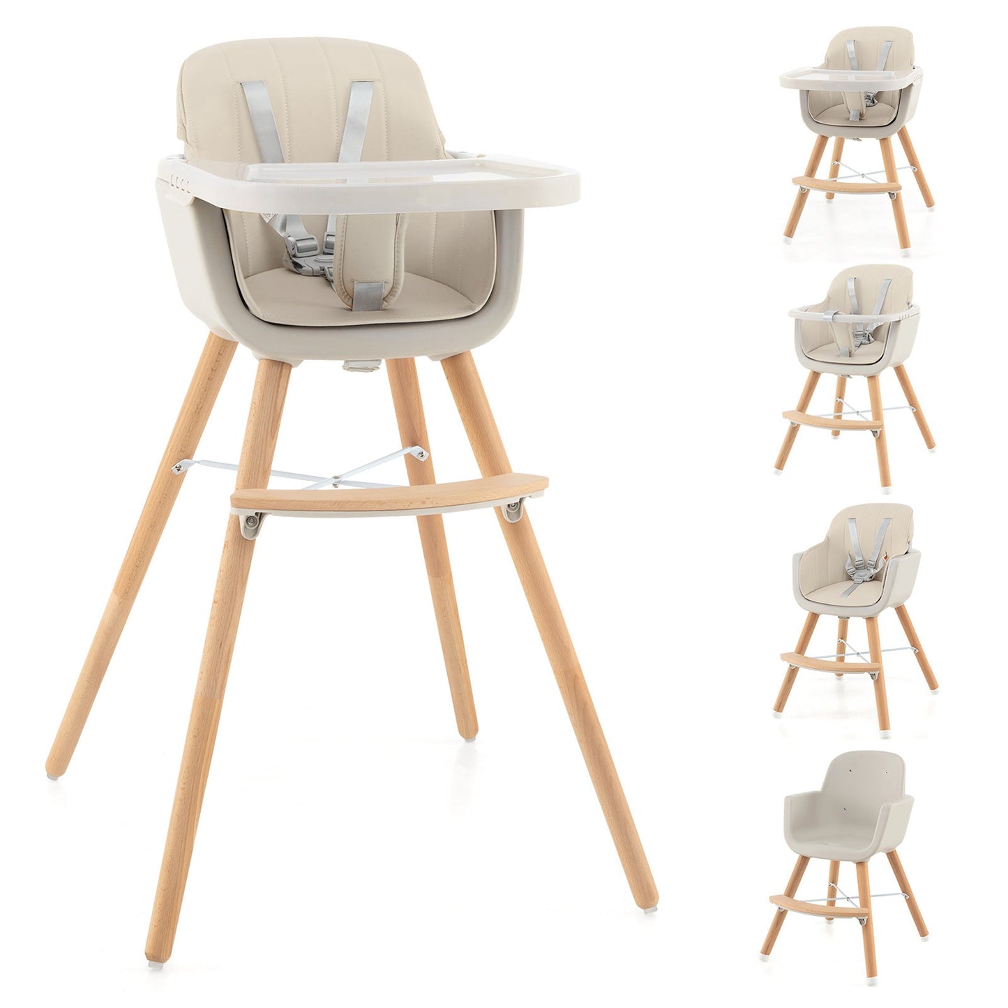 3-in-1 Convertible Wooden High Chair with Cushion - Beige