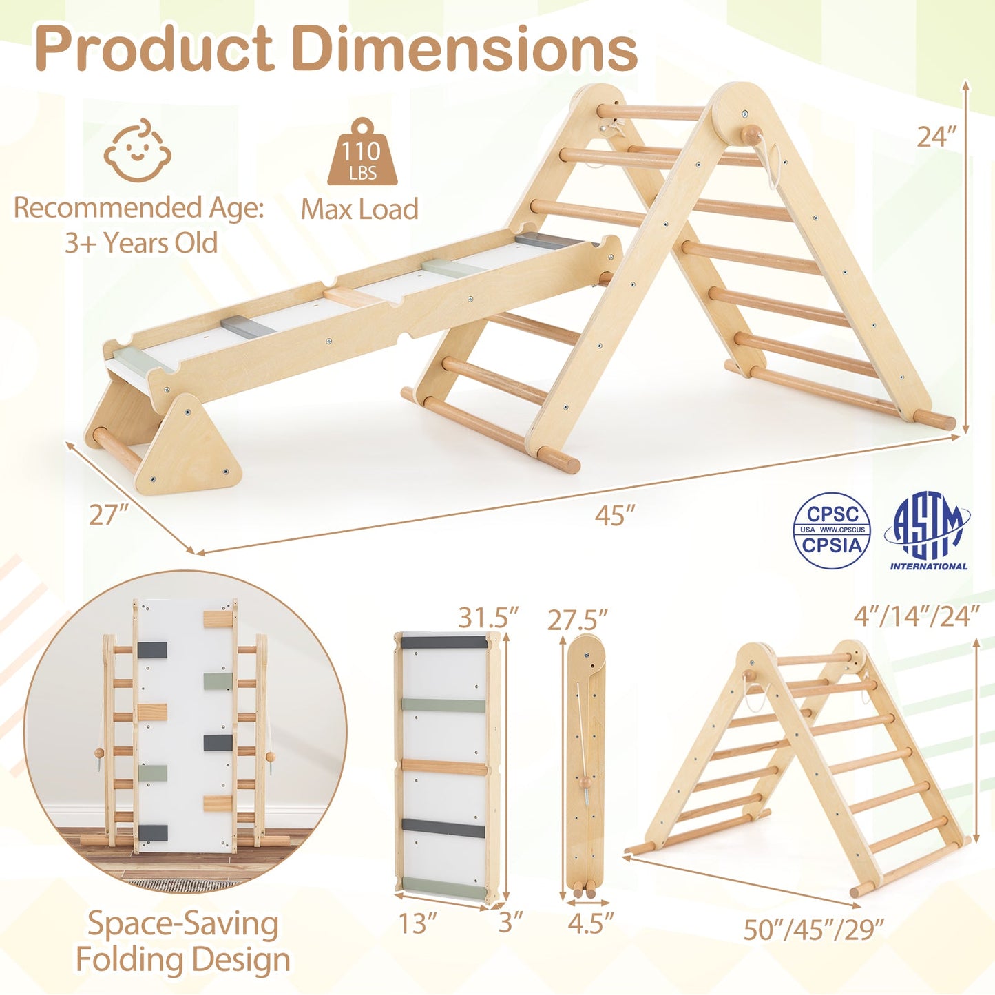 Juego de Escalada Pikler Triángulo 3 en 1 - Juguete Montessori Plegable