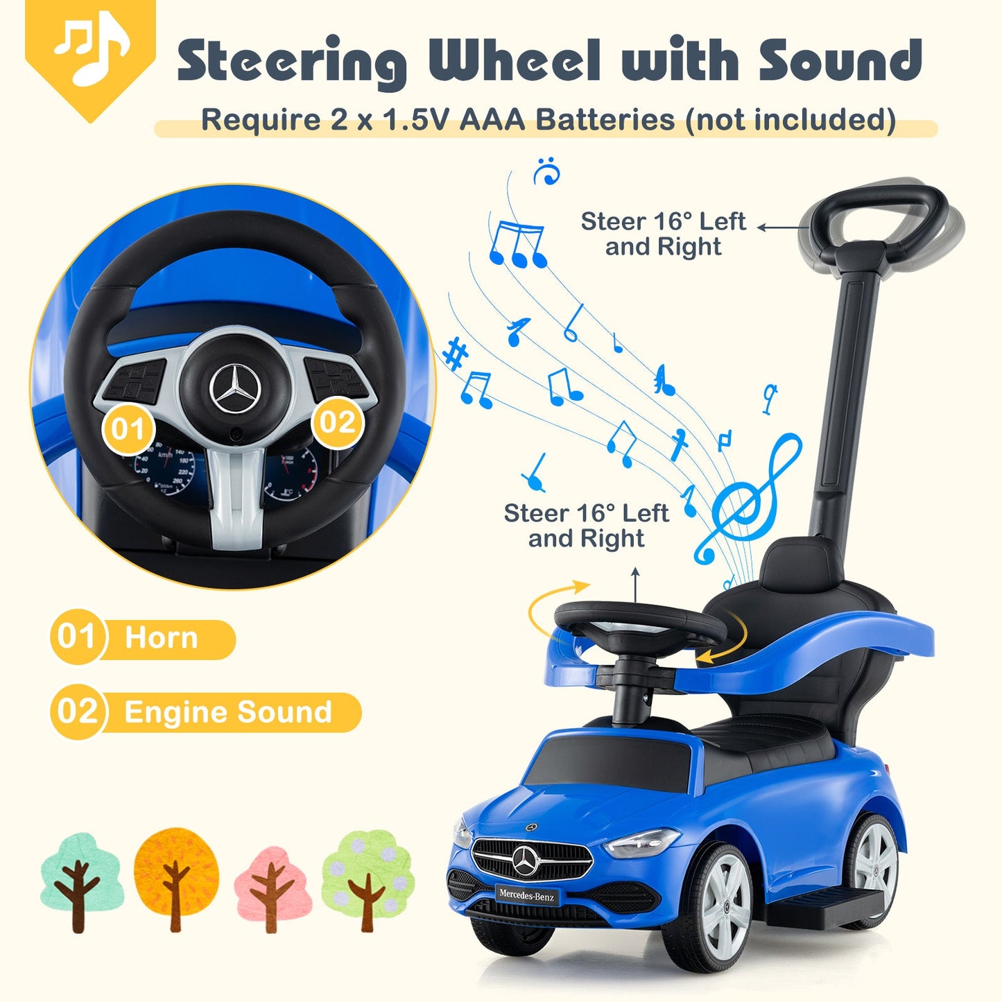 3-in-1 Mercedes-Benz Licensed Push Car - Blue