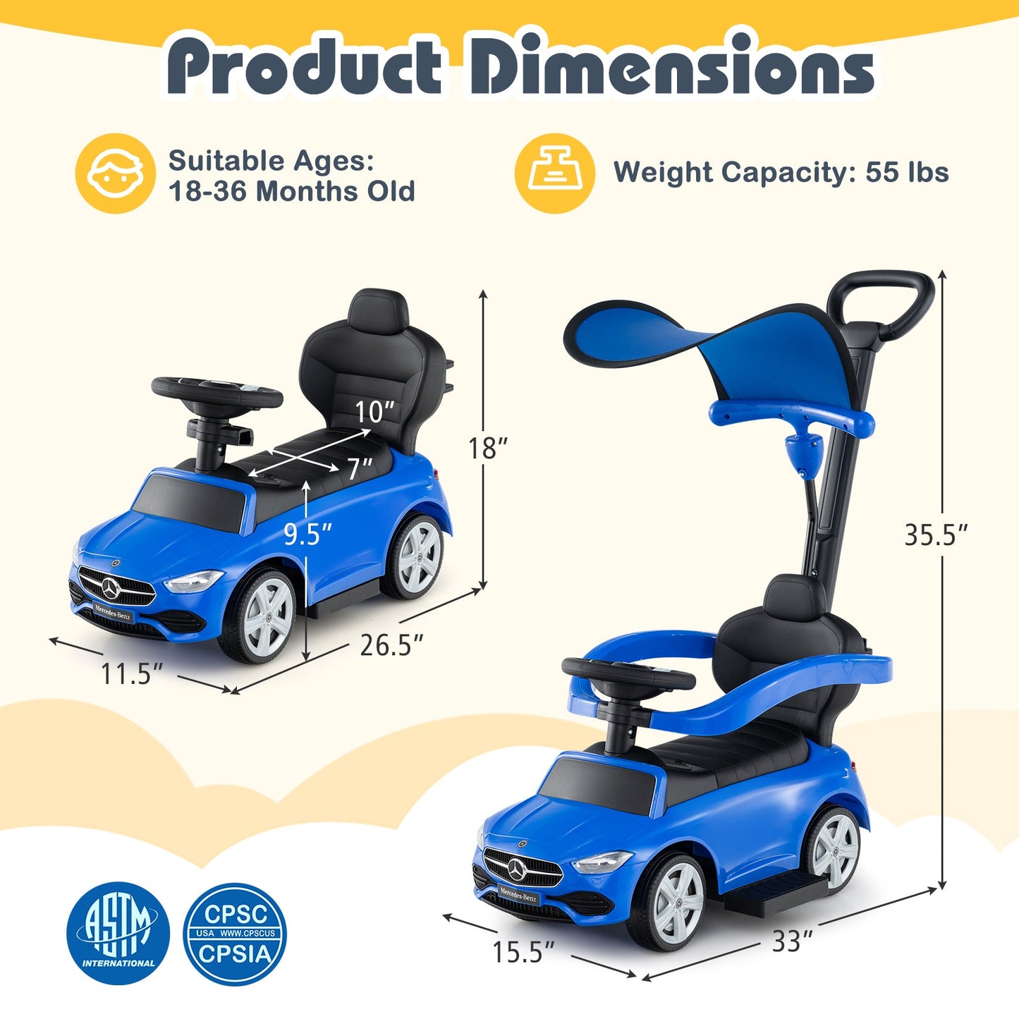 3-in-1 Mercedes-Benz Licensed Push Car - Blue