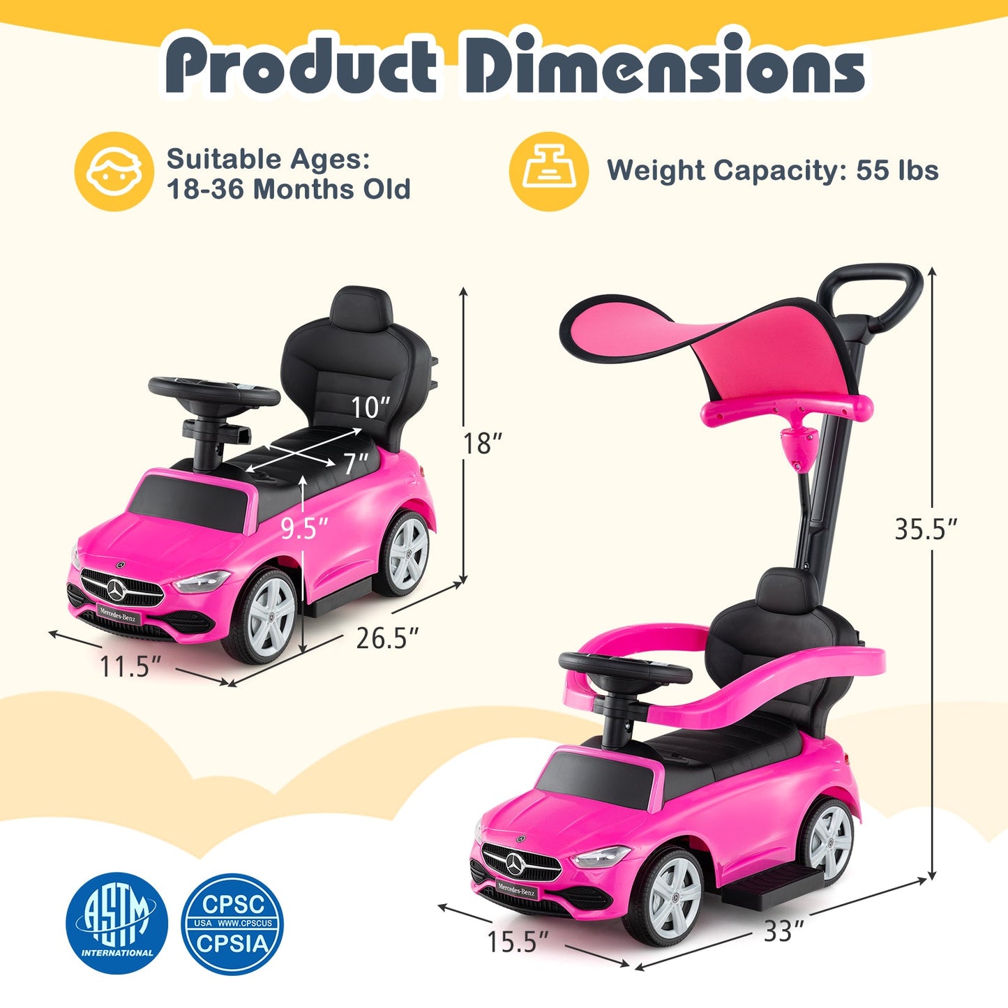 Mercedes-Benz Coche de Empuje 3 en 1 - Rosa