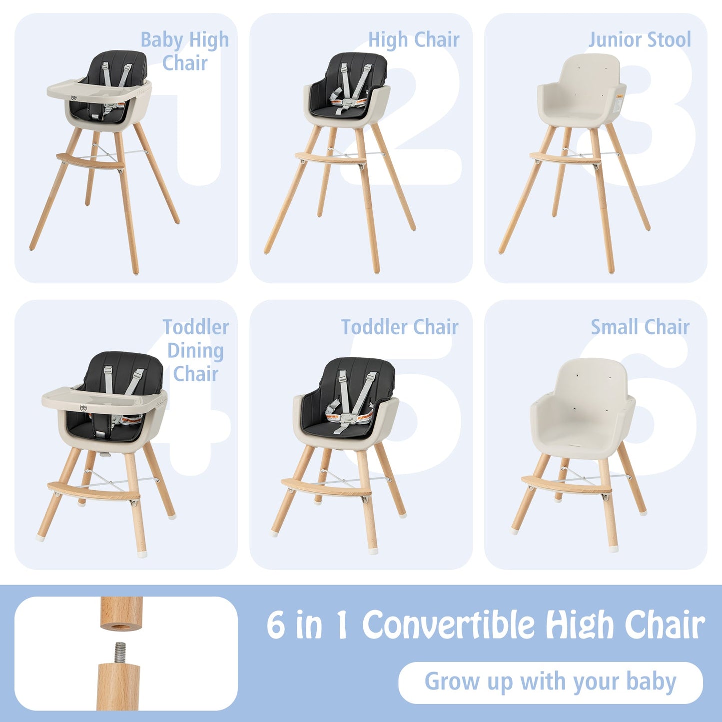 Chaise haute en bois convertible 3-en-1 avec coussin - Noir