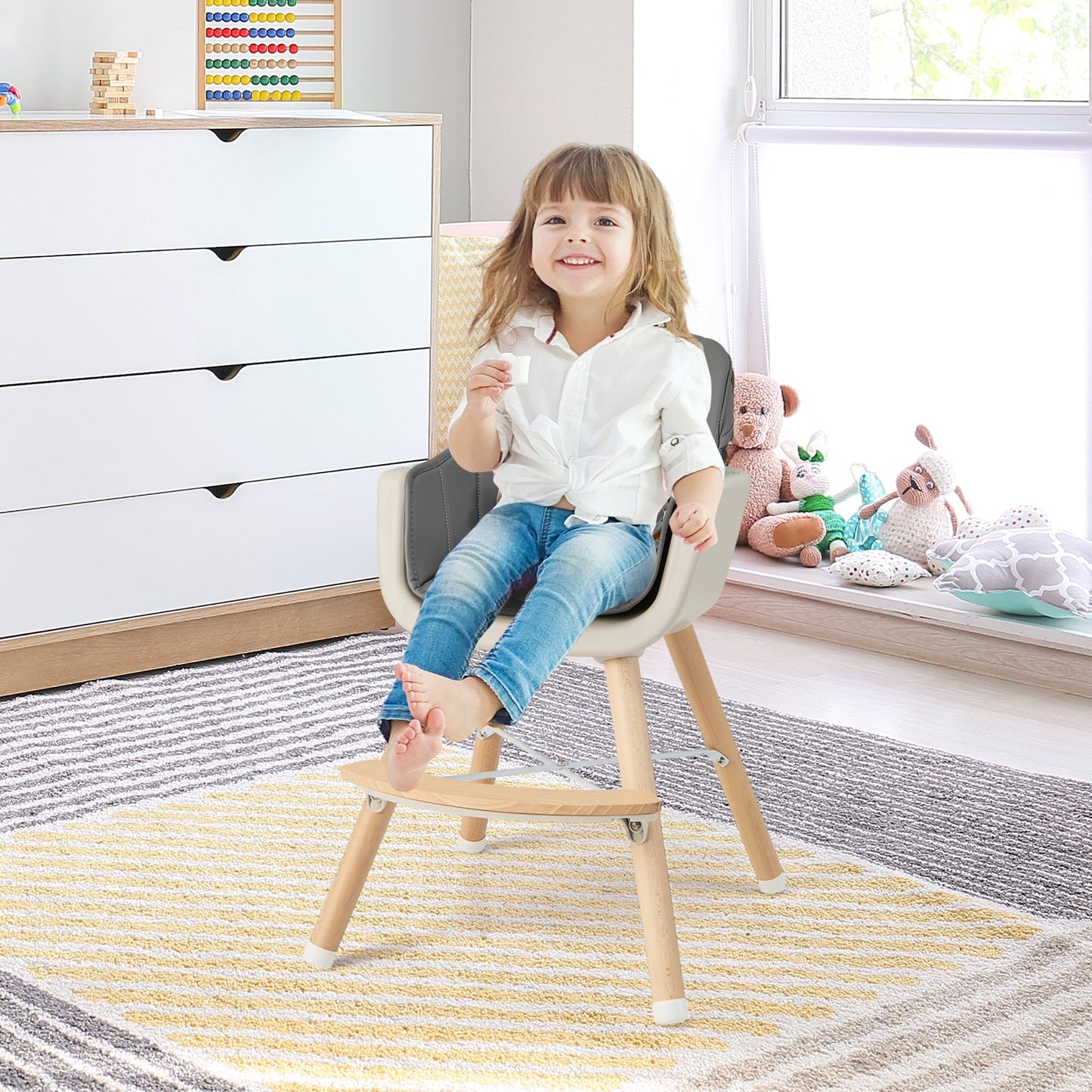 Chaise haute en bois convertible 3-en-1 avec coussin - Gris clair