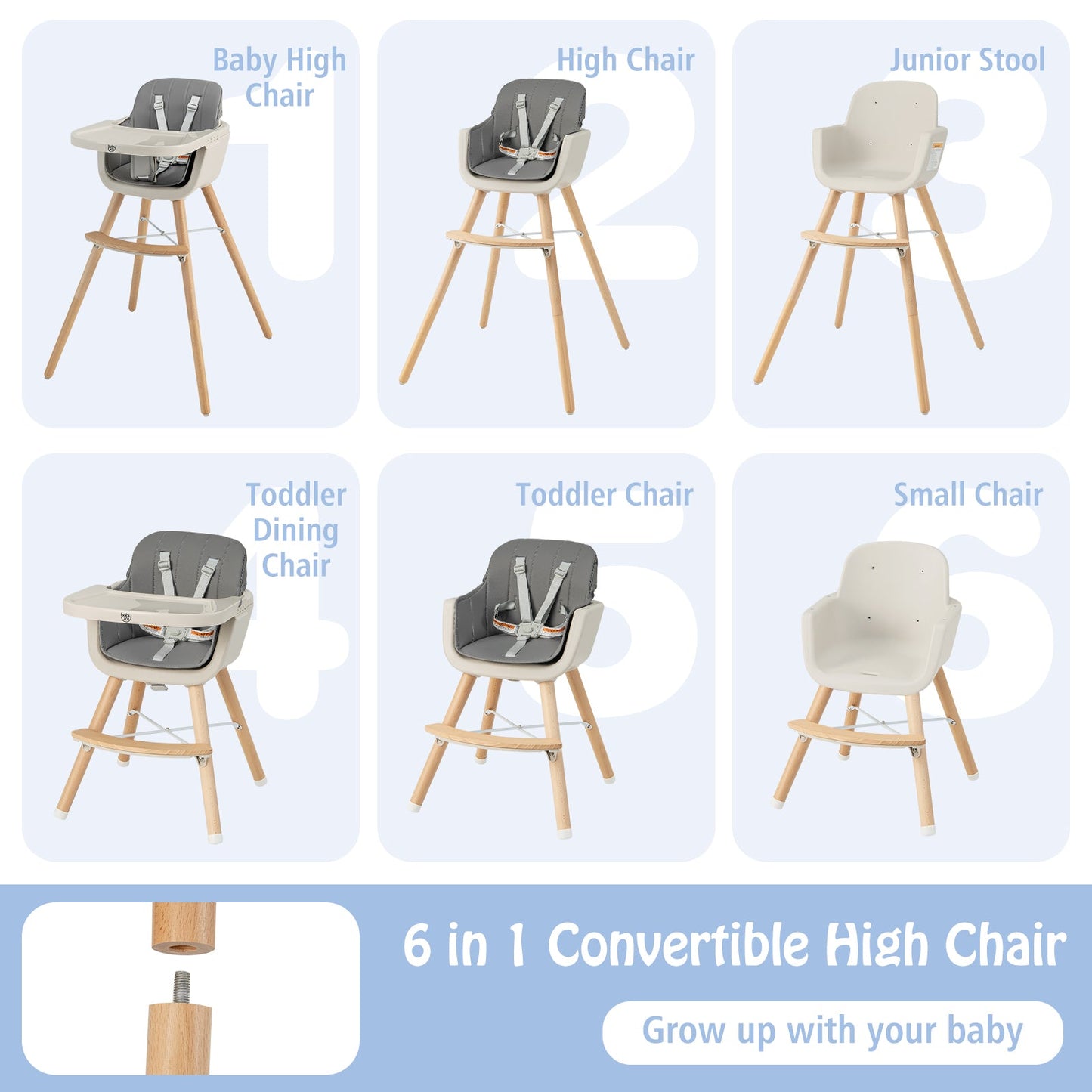 Chaise haute en bois convertible 3-en-1 avec coussin - Gris clair