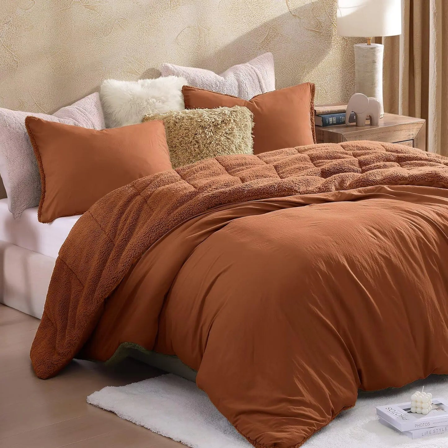 WRENSONGE King Size Comforter Set - Burnt Orange Sherpa Fleece