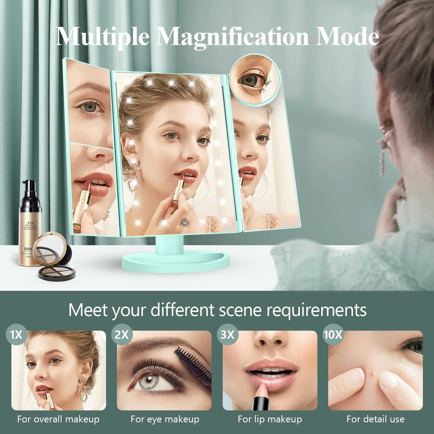 Espejo de Maquillaje Iluminado HUONUL con 2X, 3X, 10X de Magnificación - Verde