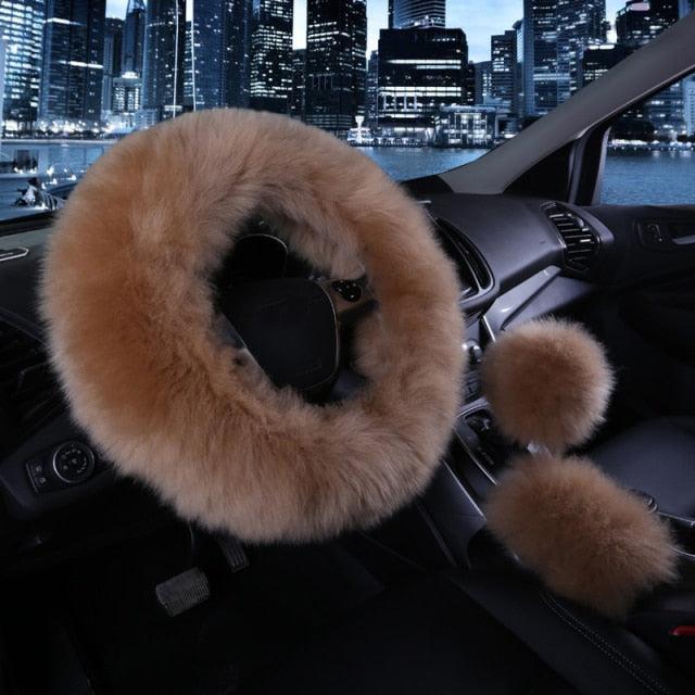 Ensemble de housses de volant en véritable peau de mouton 3PCS