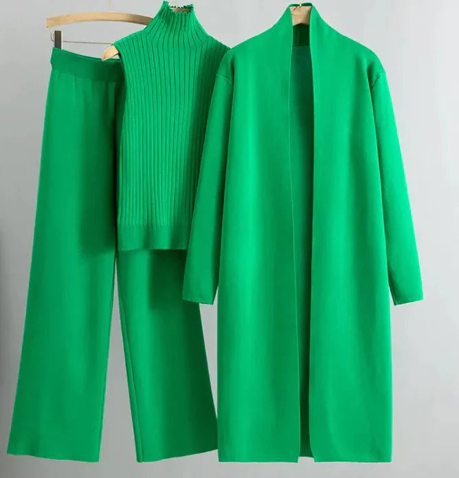 Conjunto de Tejido Elegante de 3 Piezas para Mujeres con Cárdigan y Pantalones