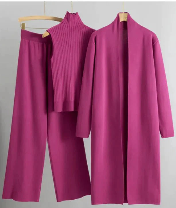 Conjunto de Tejido Elegante de 3 Piezas para Mujeres con Cárdigan y Pantalones