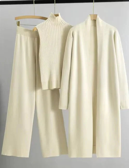Conjunto de Tejido Elegante de 3 Piezas para Mujeres con Cárdigan y Pantalones