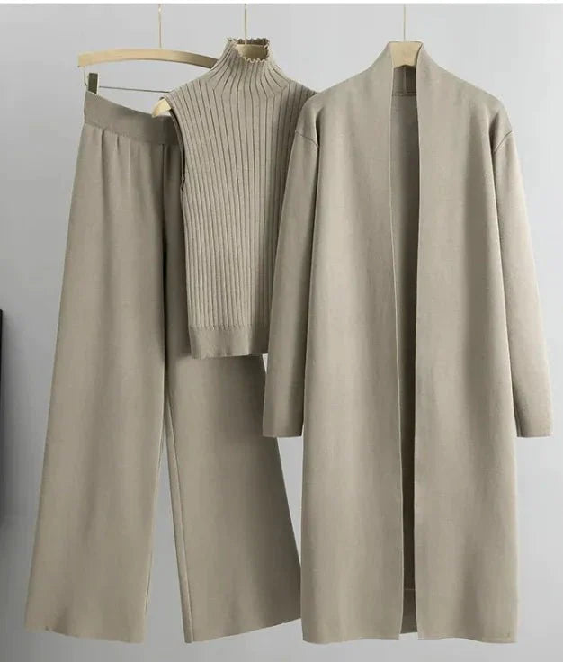 Conjunto de Tejido Elegante de 3 Piezas para Mujeres con Cárdigan y Pantalones