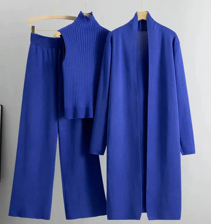 Conjunto de Tejido Elegante de 3 Piezas para Mujeres con Cárdigan y Pantalones