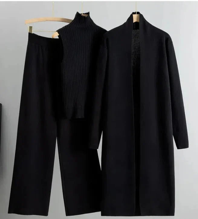 Conjunto de Tejido Elegante de 3 Piezas para Mujeres con Cárdigan y Pantalones