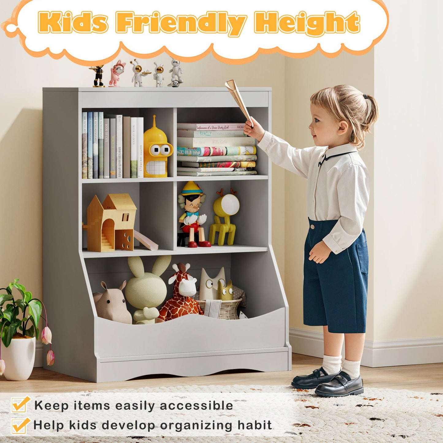 3-Tier Children's Multi-Functional Bookcase - Gray