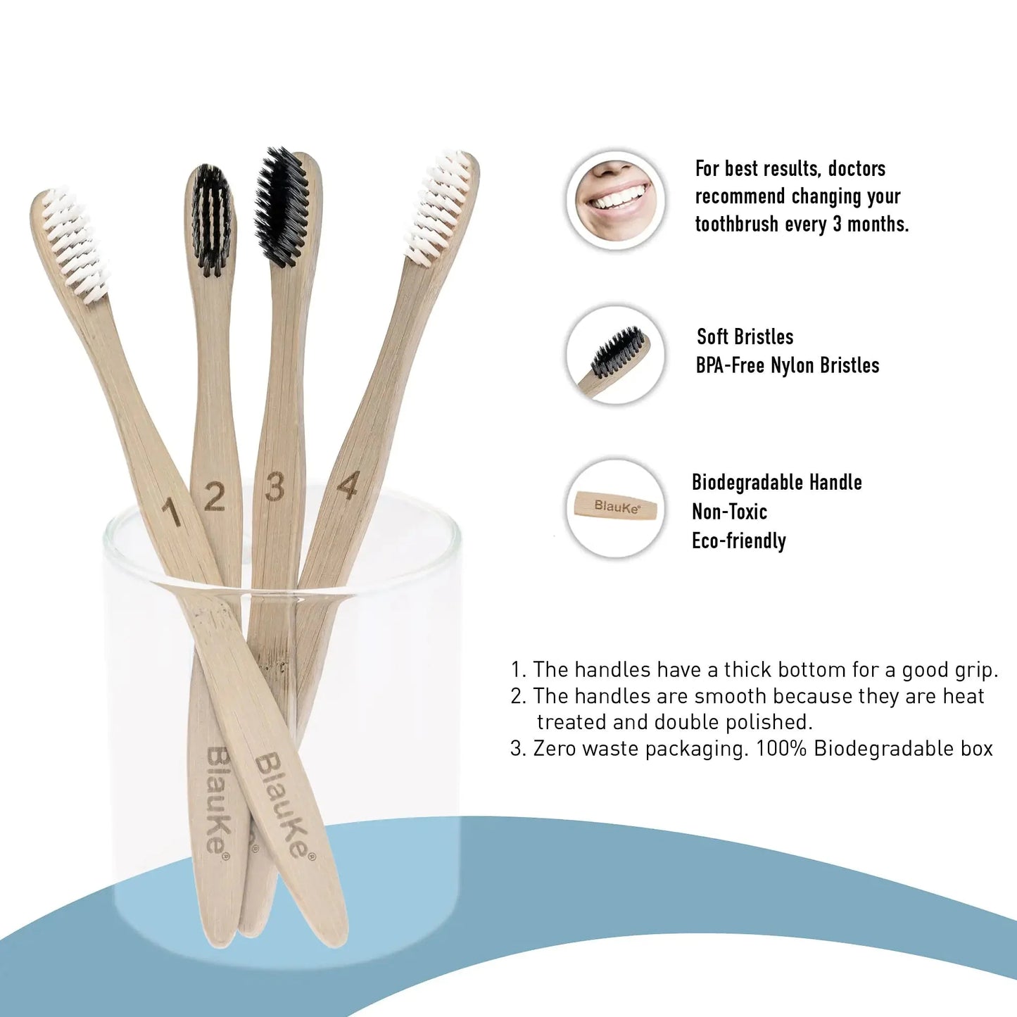 Juego de cepillos de dientes de bambú ecológicos - 4 unidades con cerdas suaves