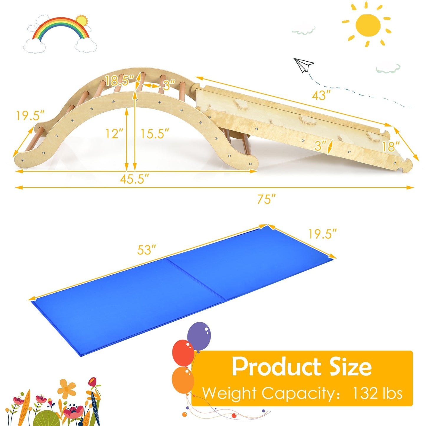 3-in-1 Kids Wooden Arch Triangle Rocker Climber Set