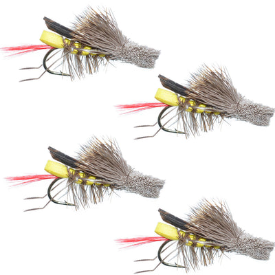 4 Pack of Dave's Hopper Yellow Foam Grasshopper Flies - Size 8 Hooks - Korvel