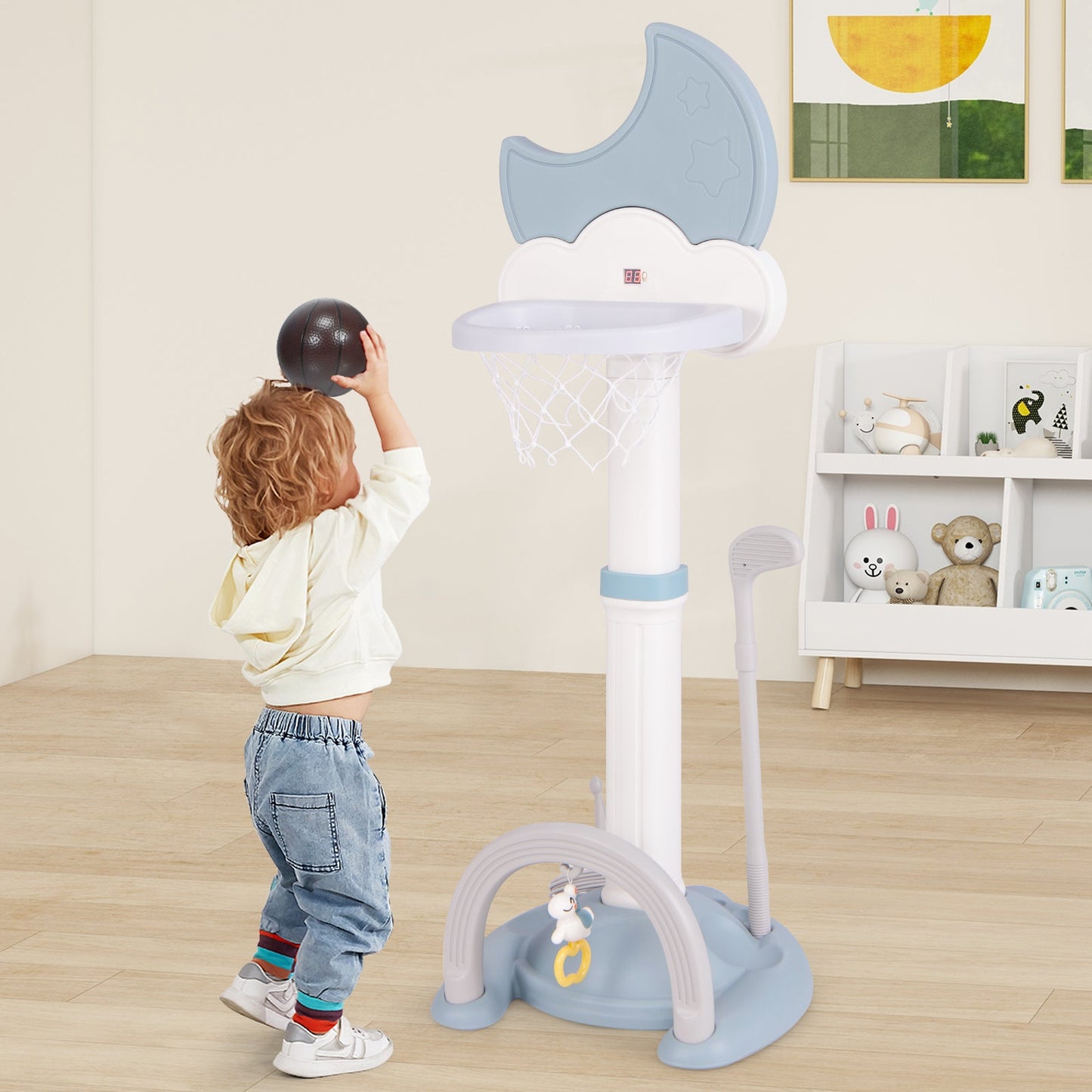 4-In-1 Kids Basketball Hoop with Electronic Scoreboard - Blue