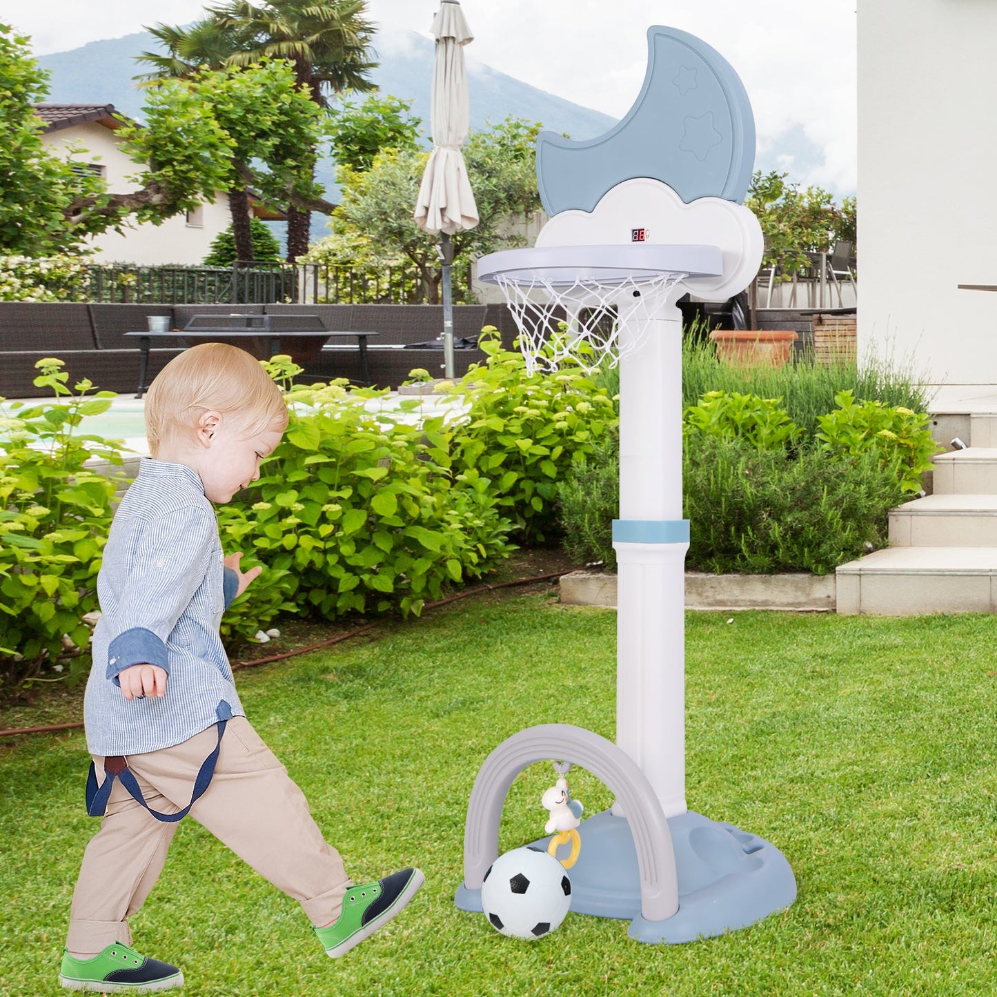 4-In-1 Kids Basketball Hoop with Electronic Scoreboard - Blue