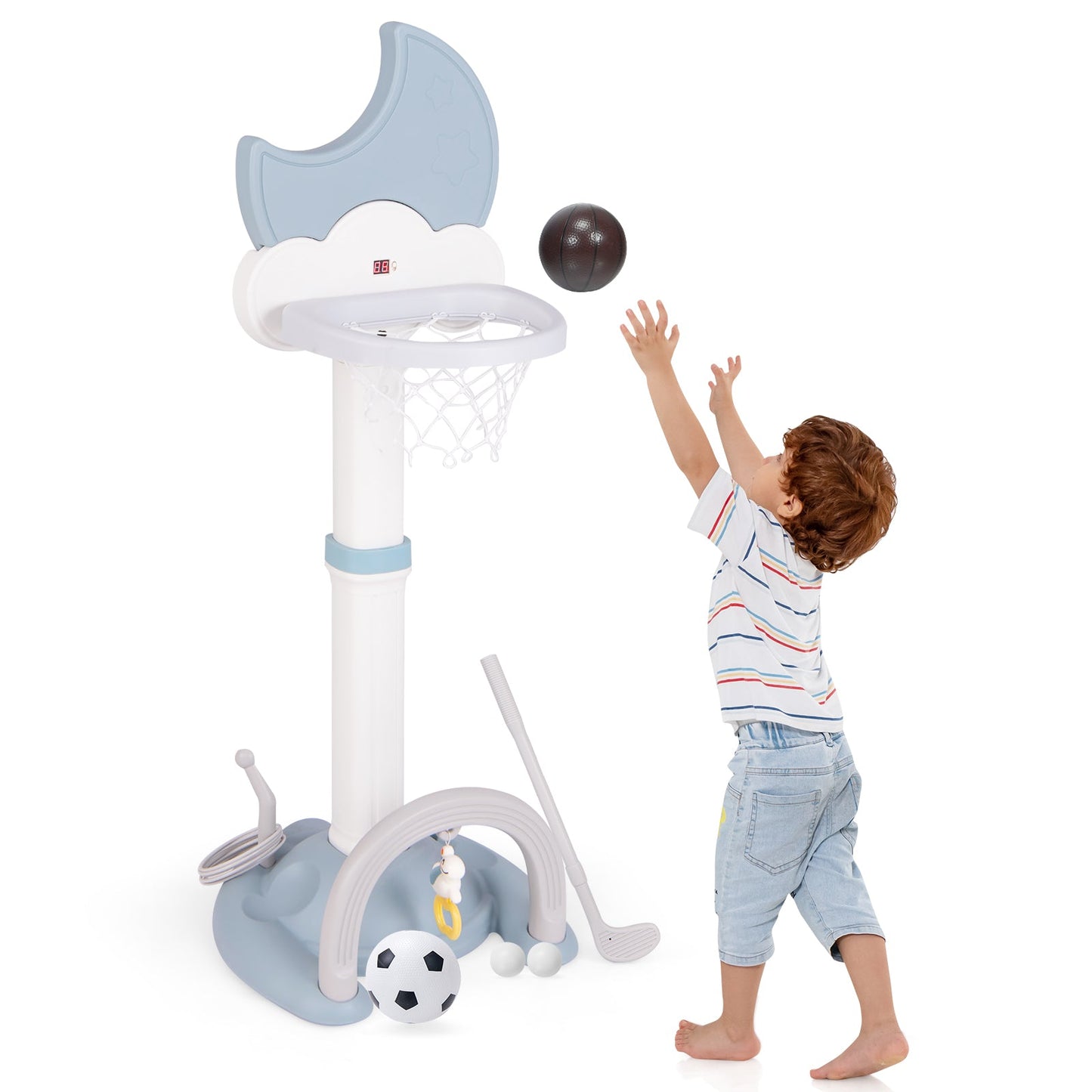 4-In-1 Kids Basketball Hoop with Electronic Scoreboard - Blue